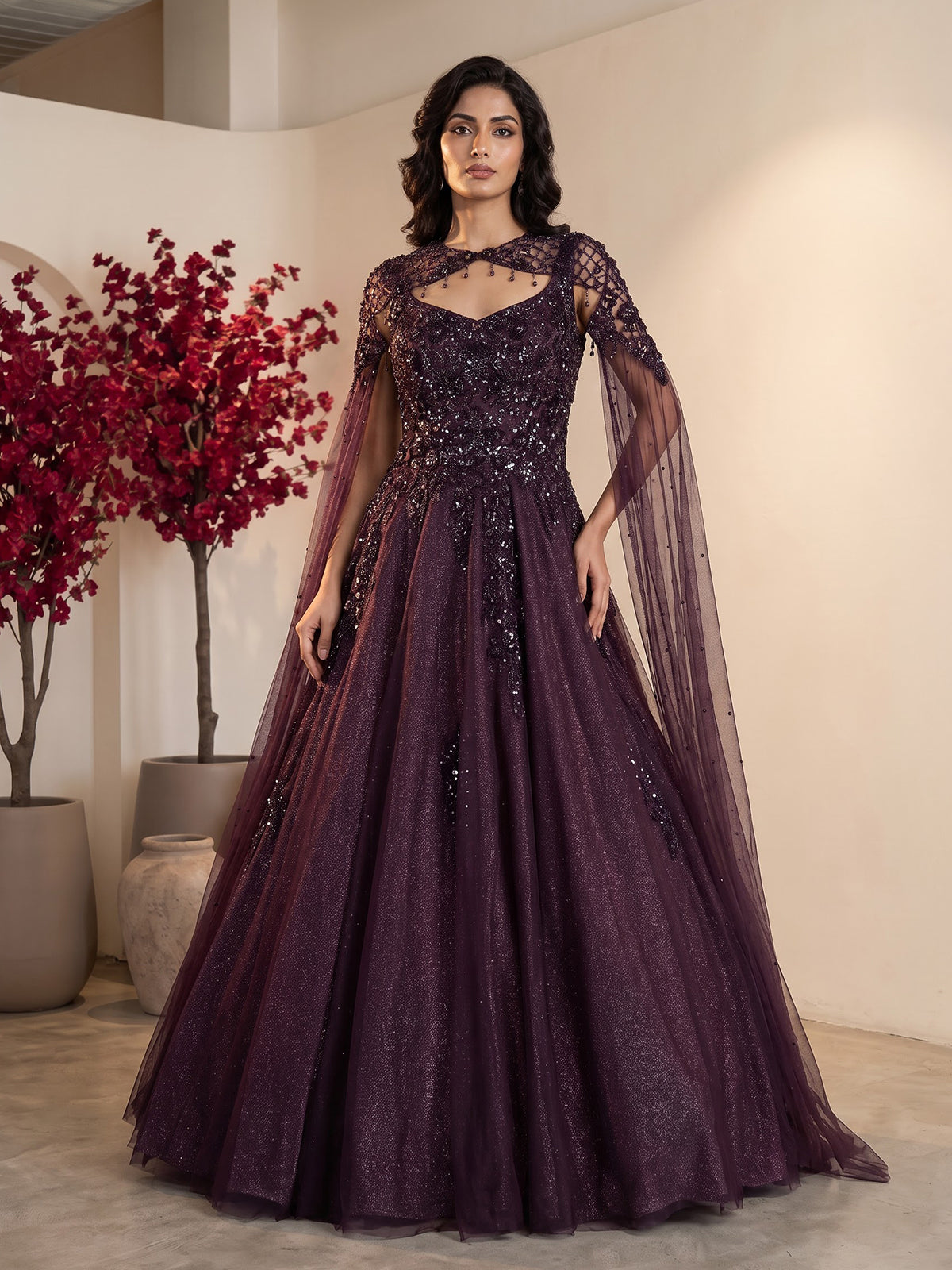 Wine womens designer choker cape gown