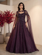 Wine womens designer choker cape gown