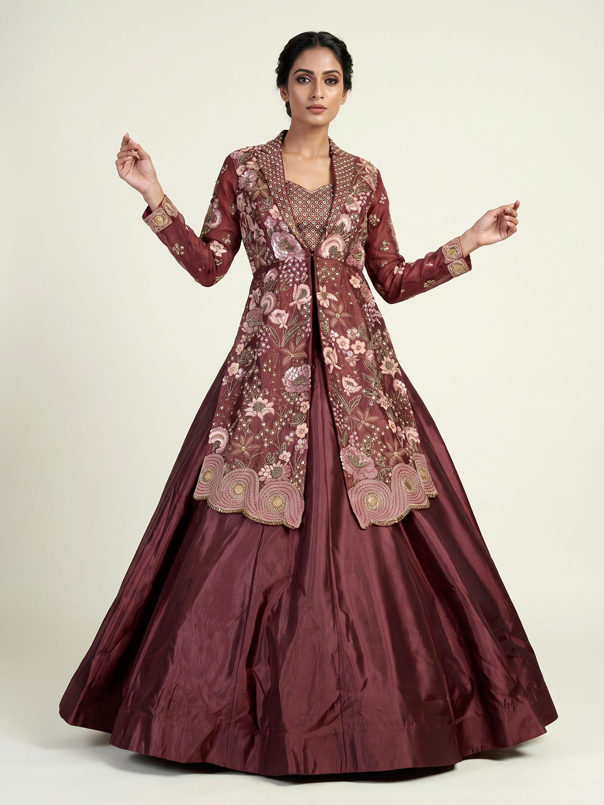 Maroon womens designer jacket lehenga suit