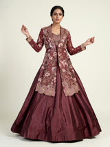 Maroon womens designer jacket lehenga suit