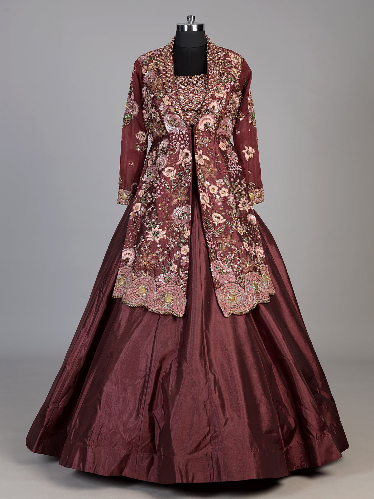 Maroon womens designer jacket lehenga suit