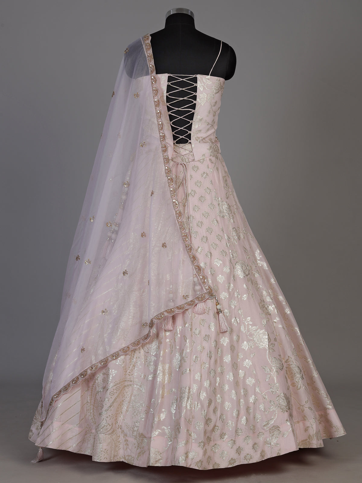 Baby pink womens brocade corset lehenga