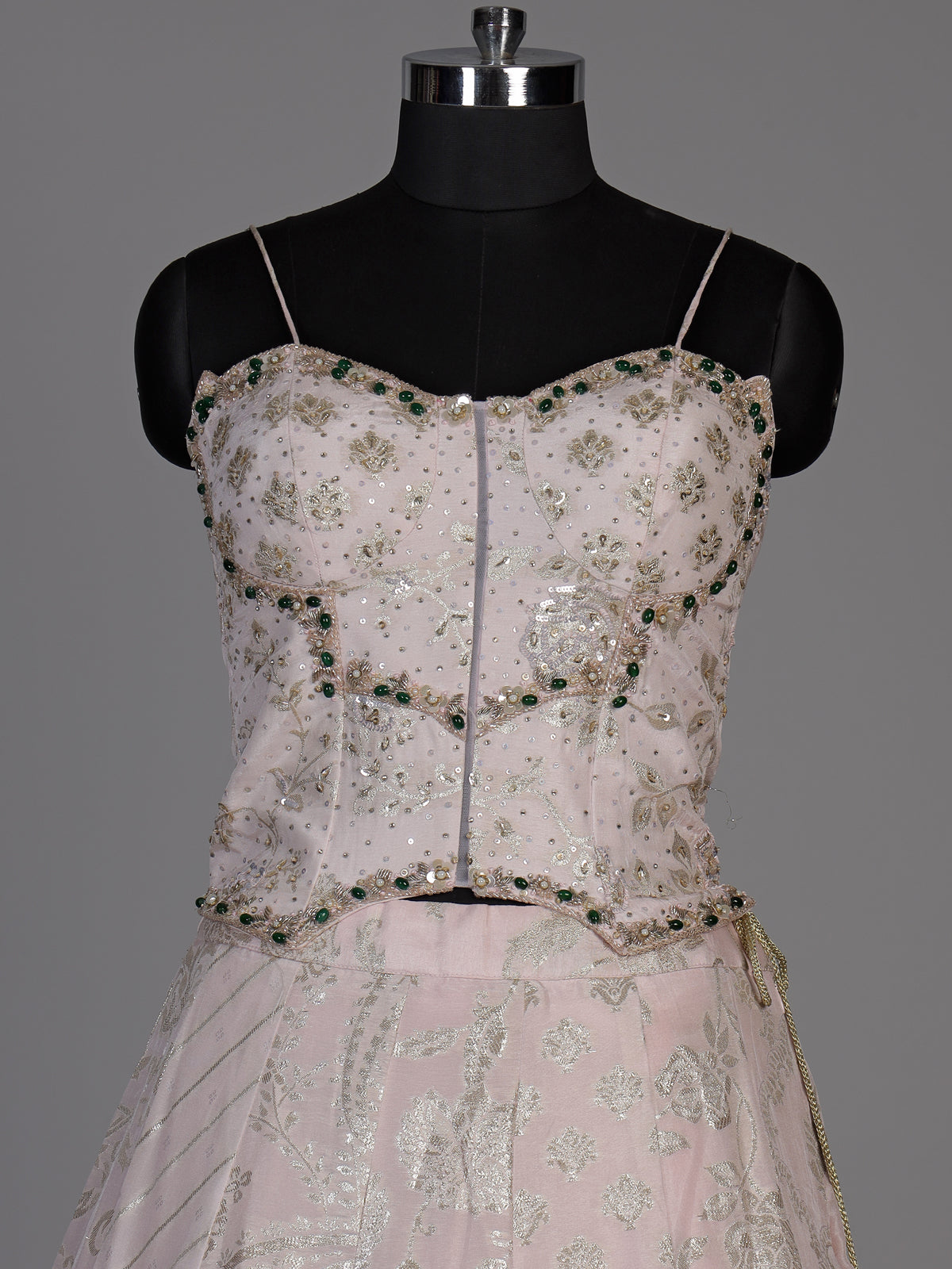 Baby pink womens brocade corset lehenga