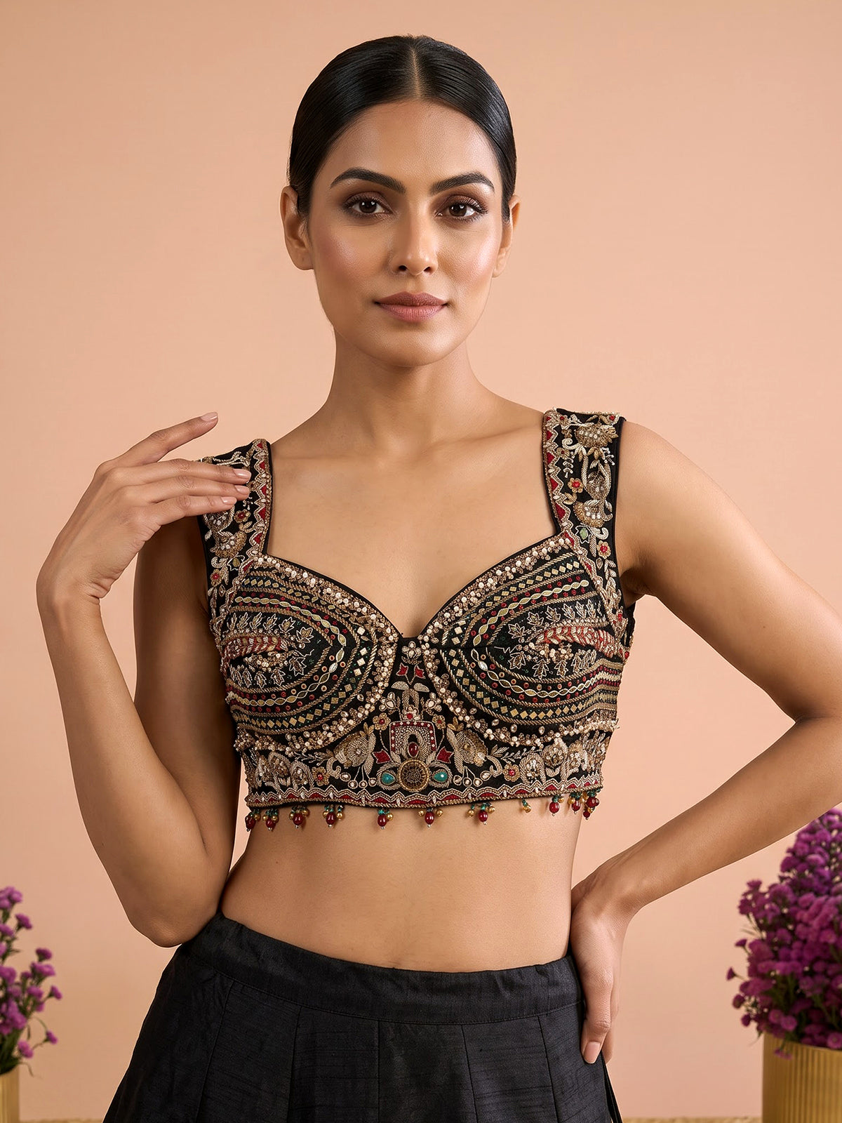 Black womens zardosi paisley lehenga choli