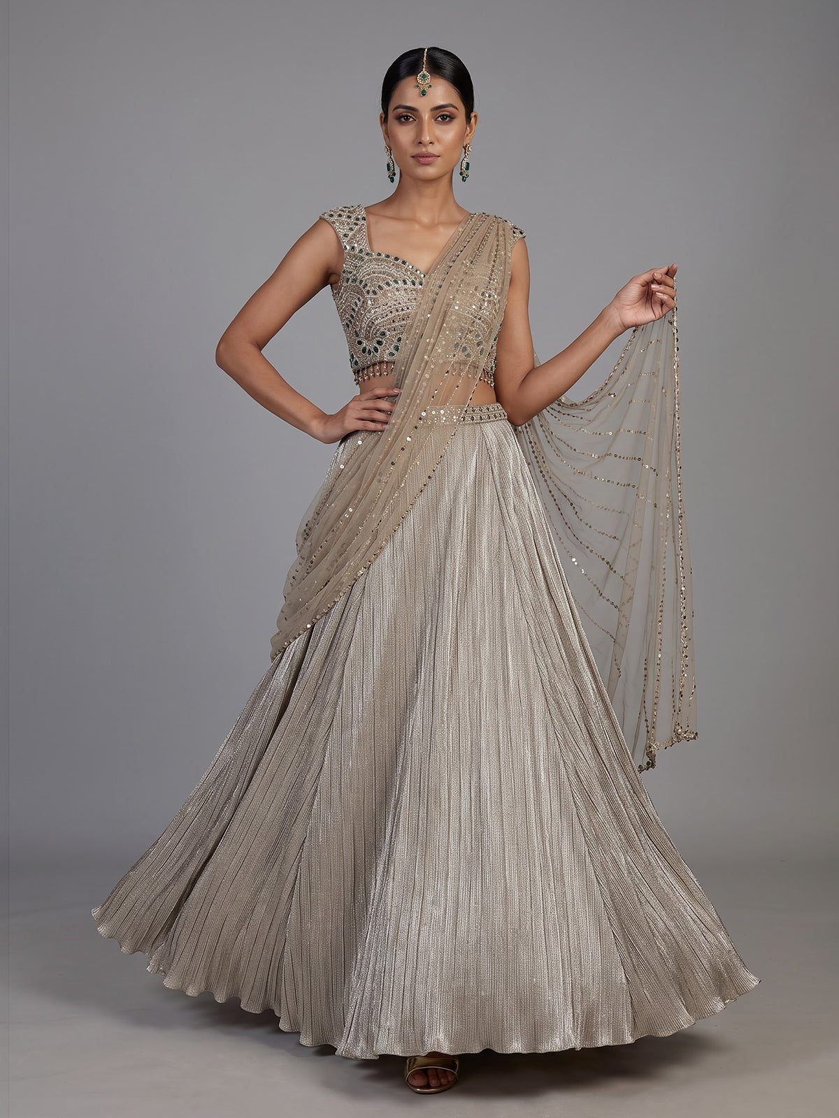 Gold womens emerald stone lehenga choli