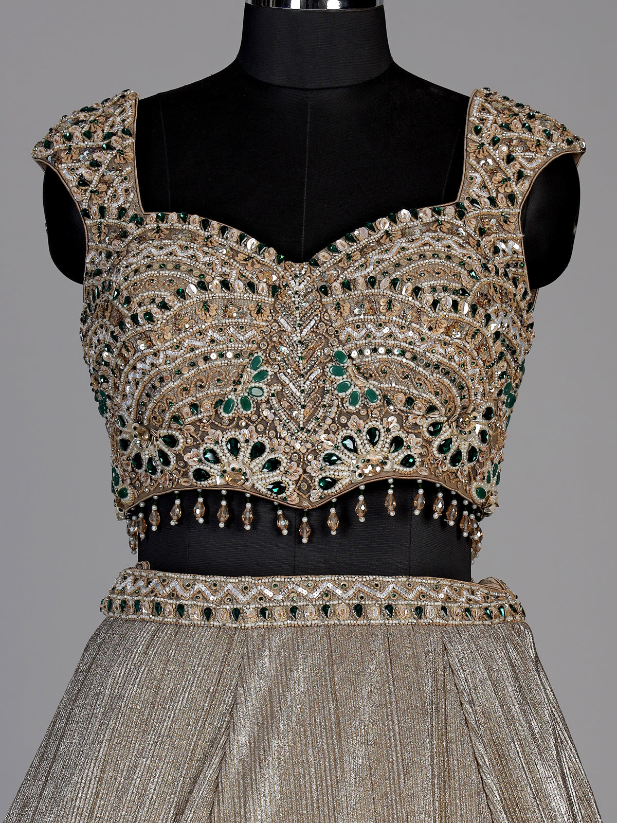 Gold womens emerald stone lehenga choli