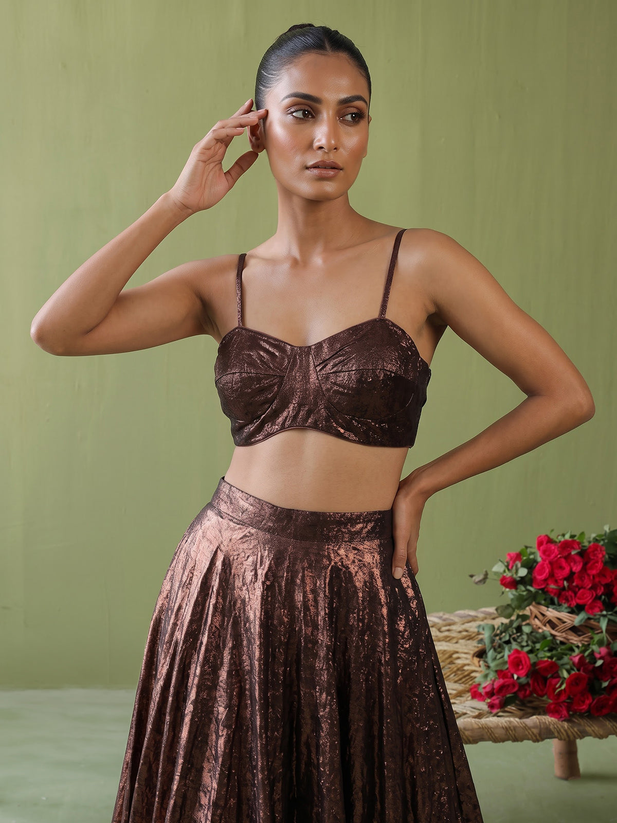 Brown womens metallic couture lehenga choli