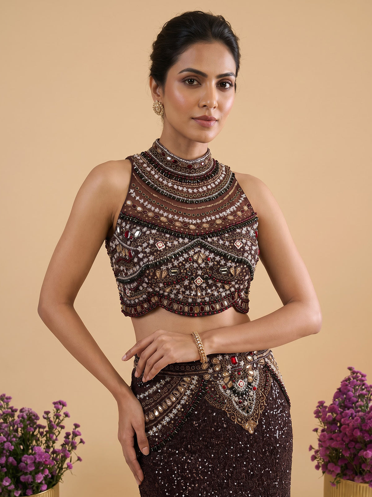 Brown womens designer shimmer lehenga choli