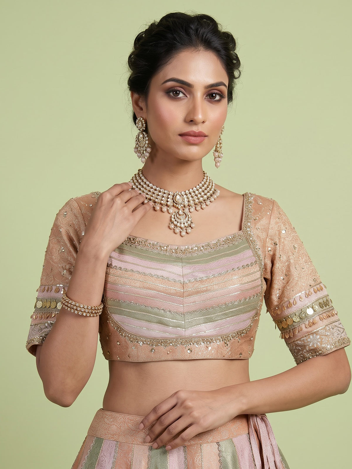 Multi color womens zardosi tissue lehenga