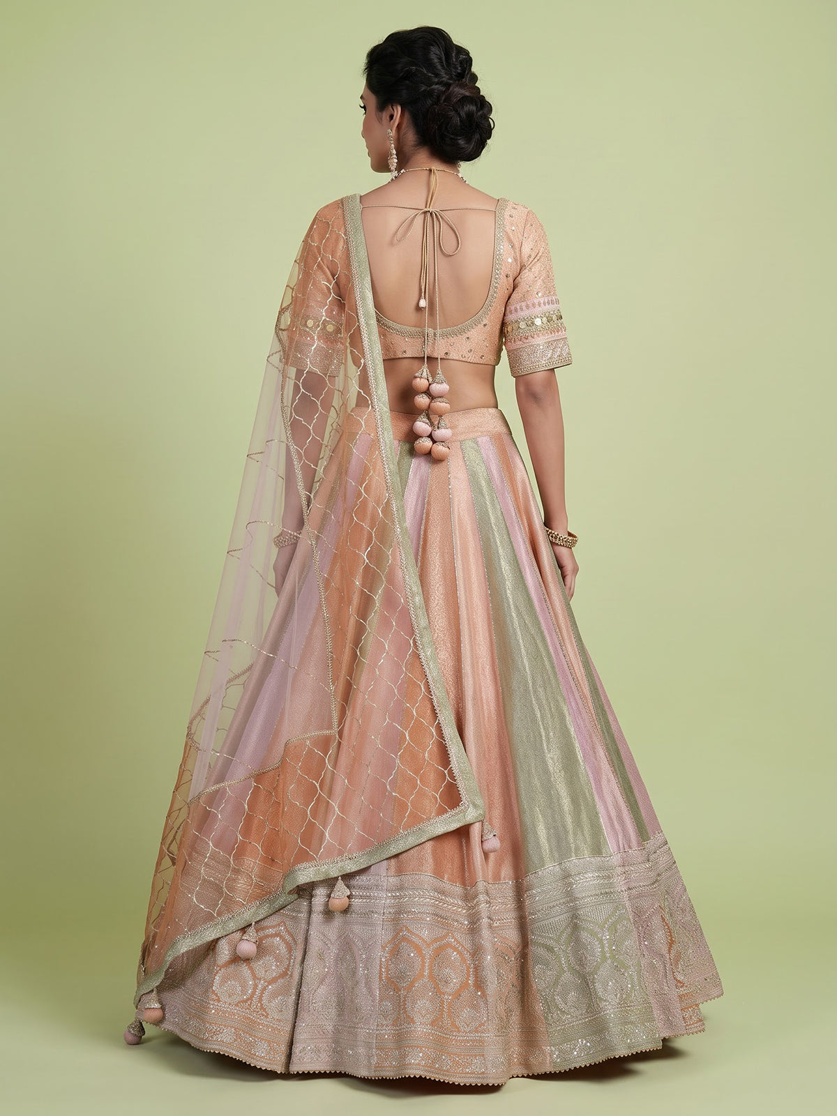 Multi color womens zardosi tissue lehenga