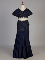 Navy blue womens pleated cape lehenga