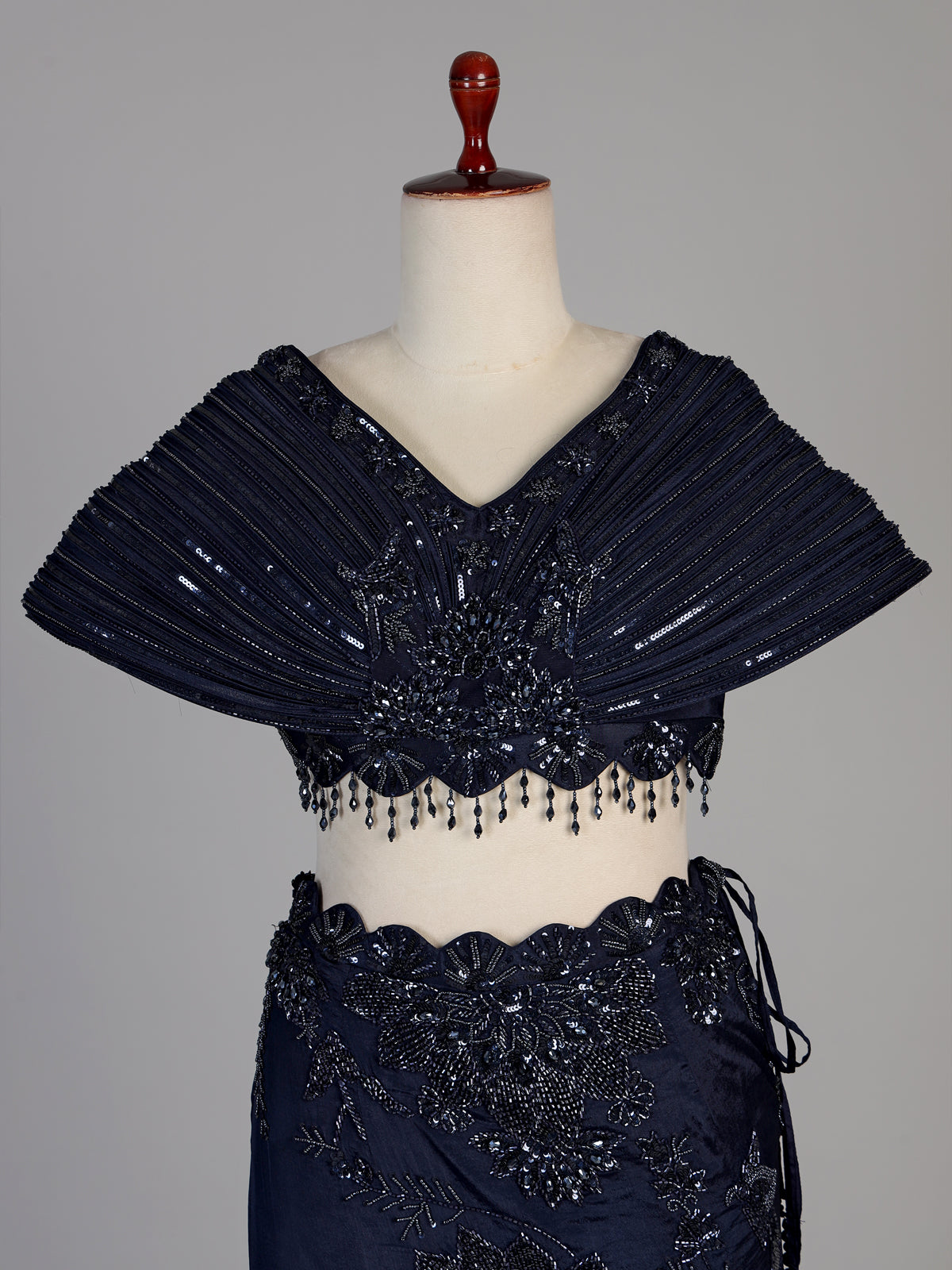 Navy blue womens pleated cape lehenga