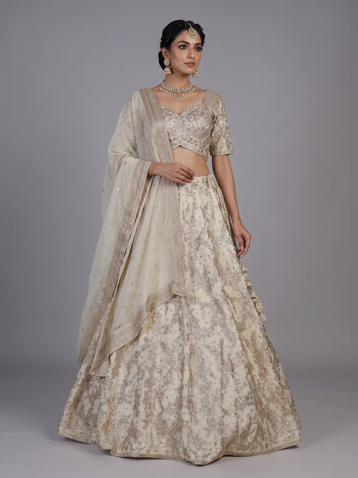 Ivory womens dupion silk sequin lehenga