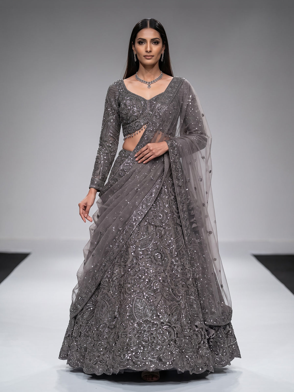 Deep grey womens crystal embellished lehenga