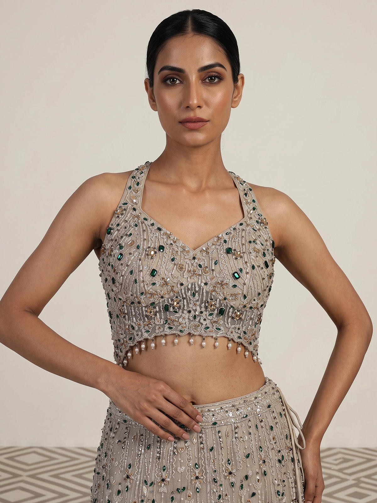 Beige womens emerald crystal lehenga choli