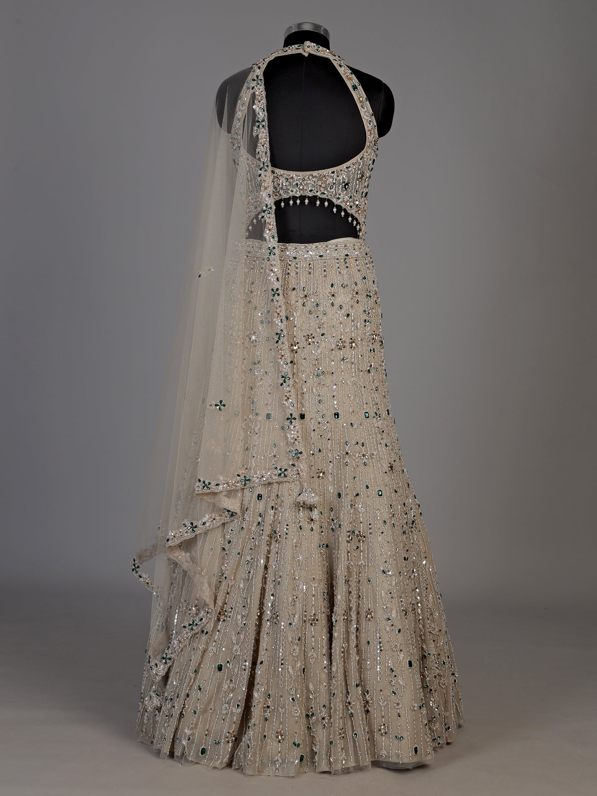 Beige womens emerald crystal lehenga choli
