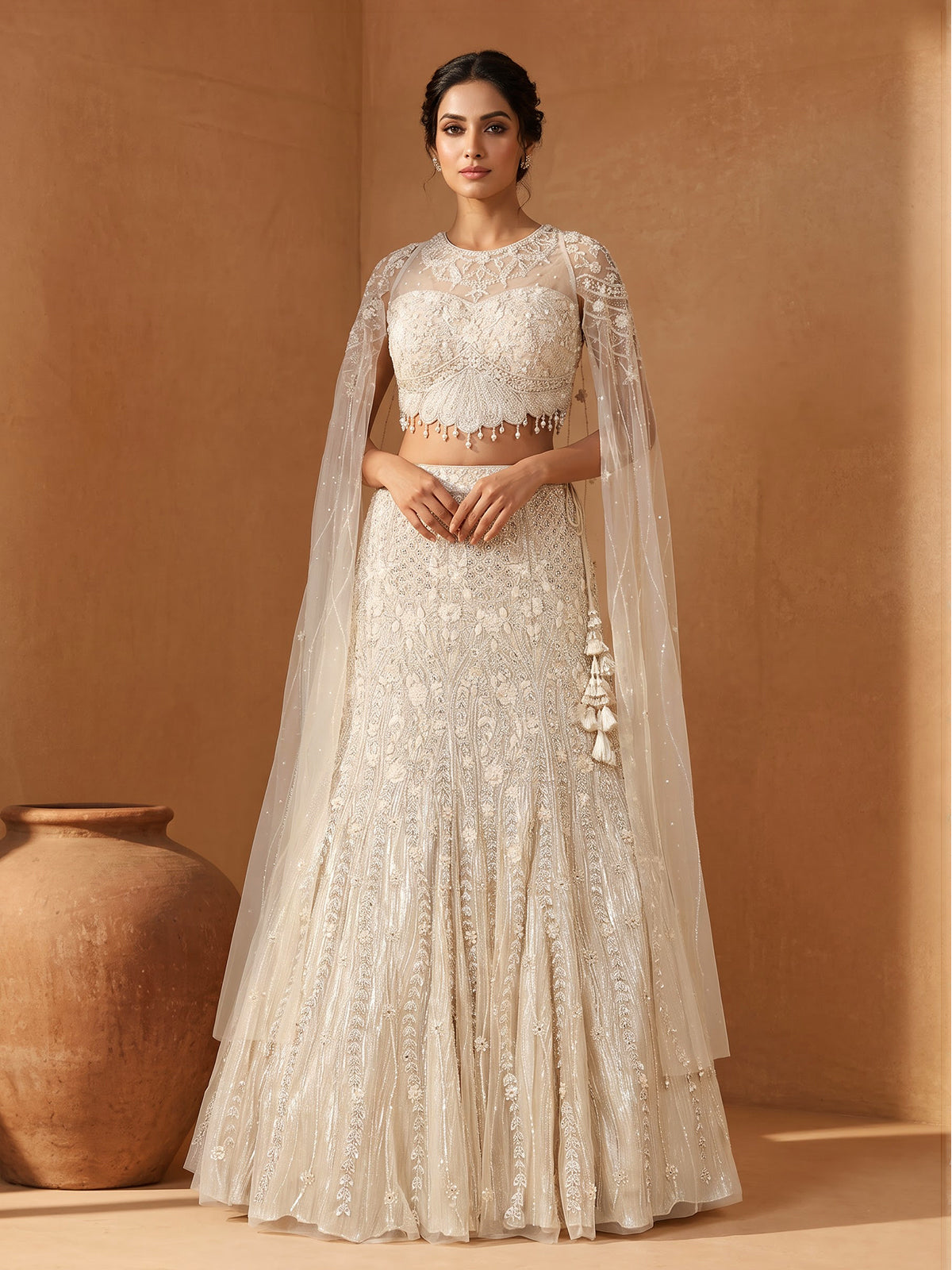 Ivory womens crystal cape lehenga choli