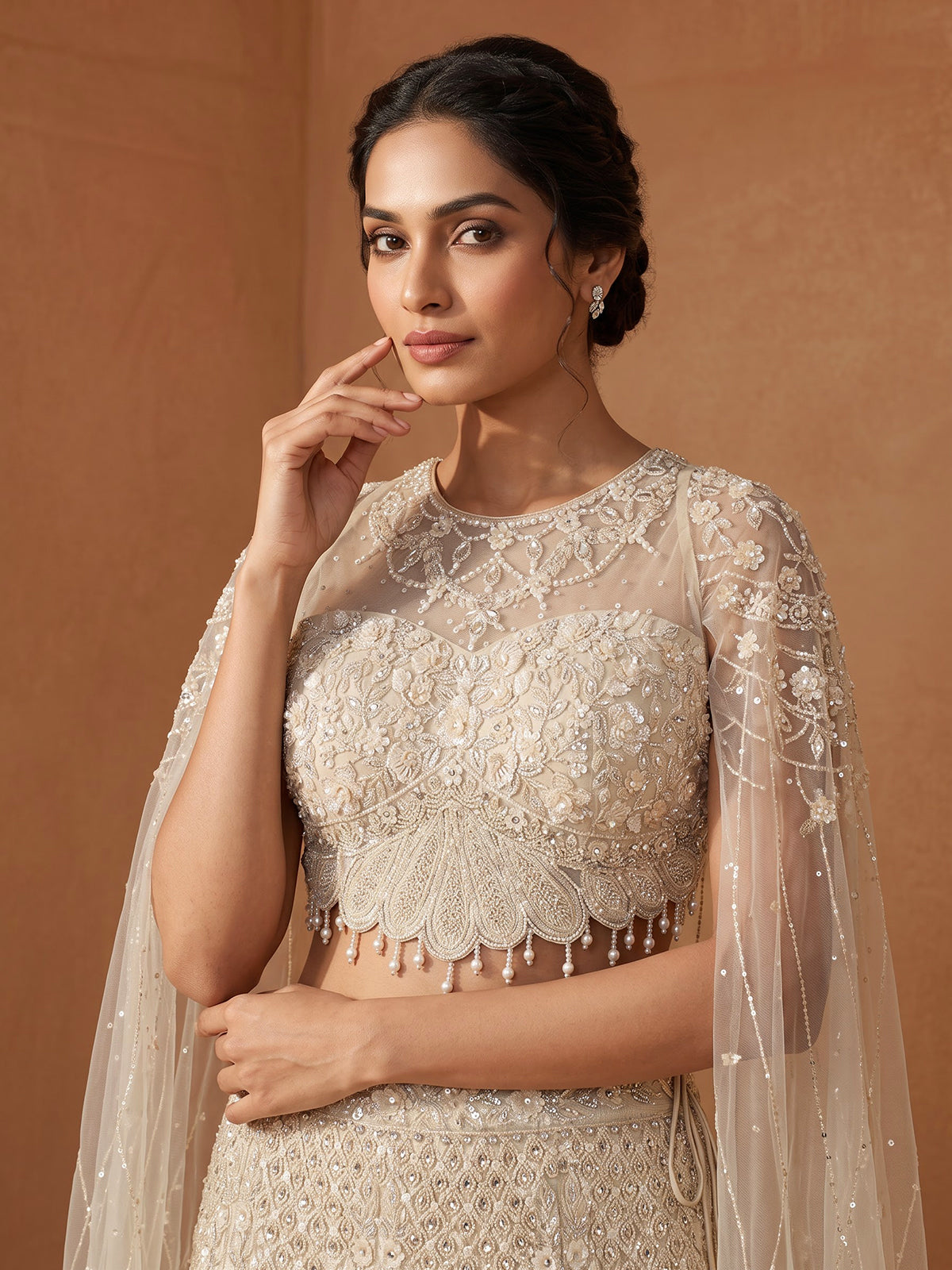 Ivory womens crystal cape lehenga choli