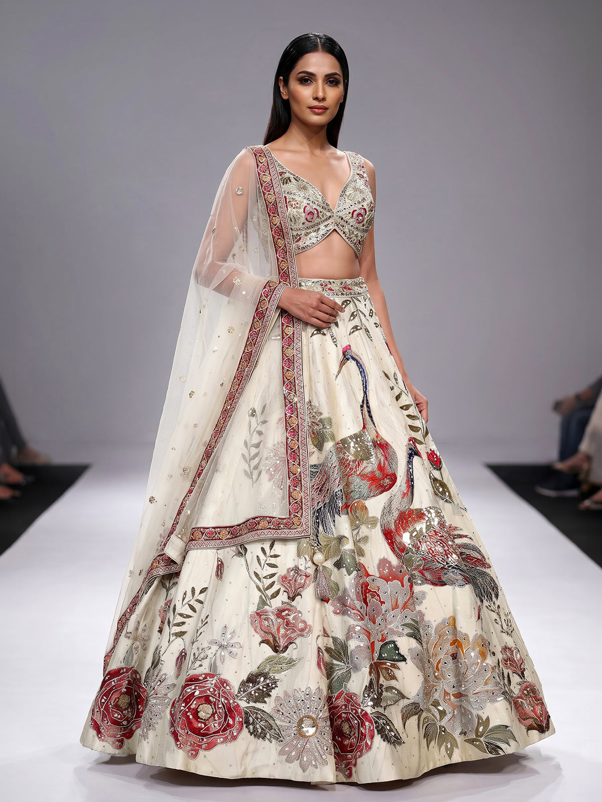 Cream womens floral raw silk lehenga