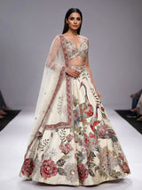 Cream womens floral raw silk lehenga