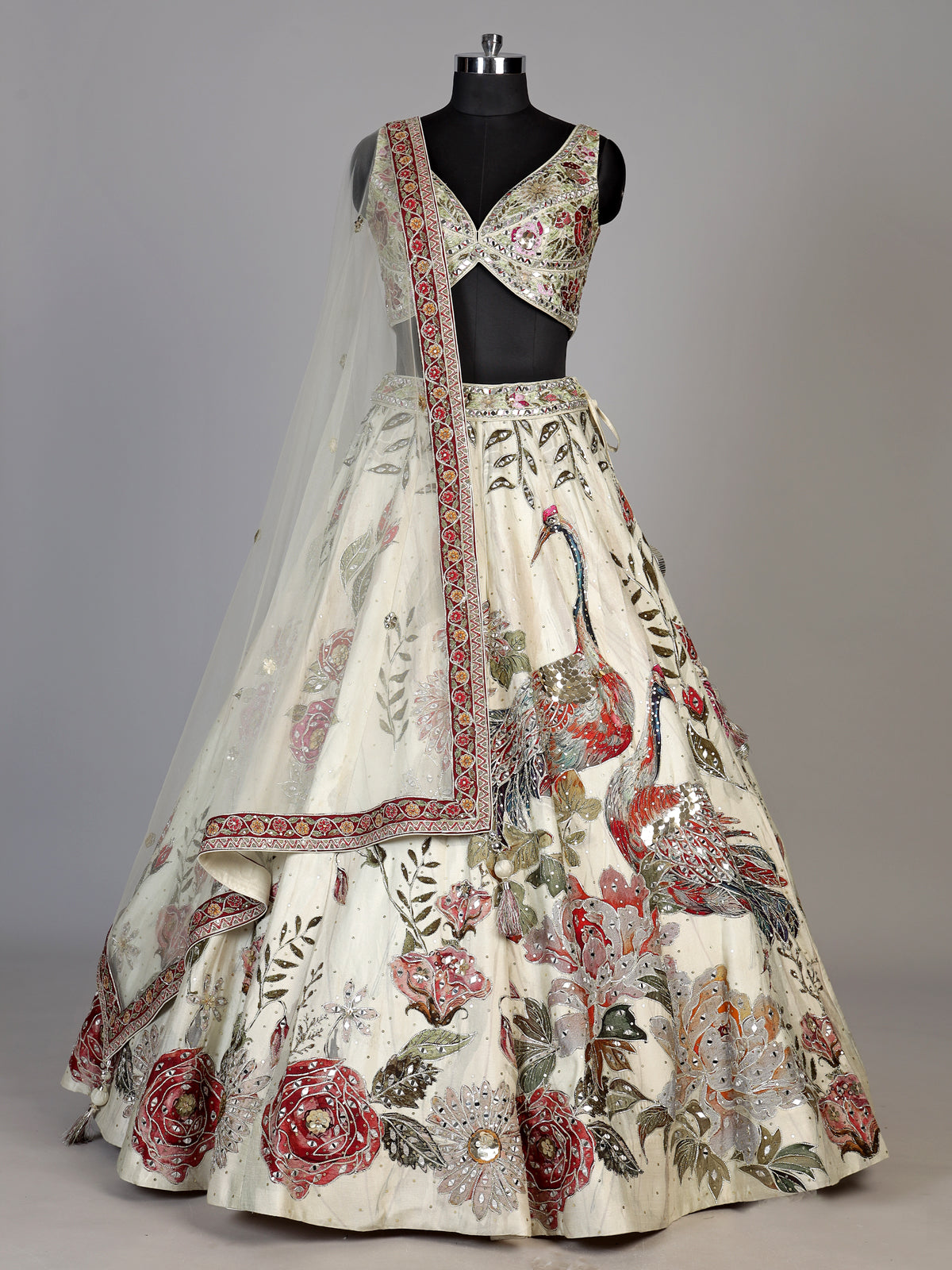 Cream womens floral raw silk lehenga