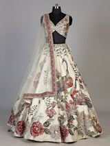 Cream womens floral raw silk lehenga