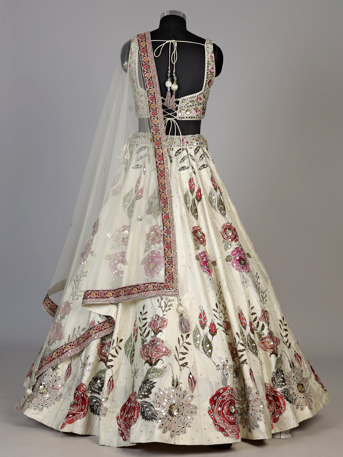 Cream womens floral raw silk lehenga