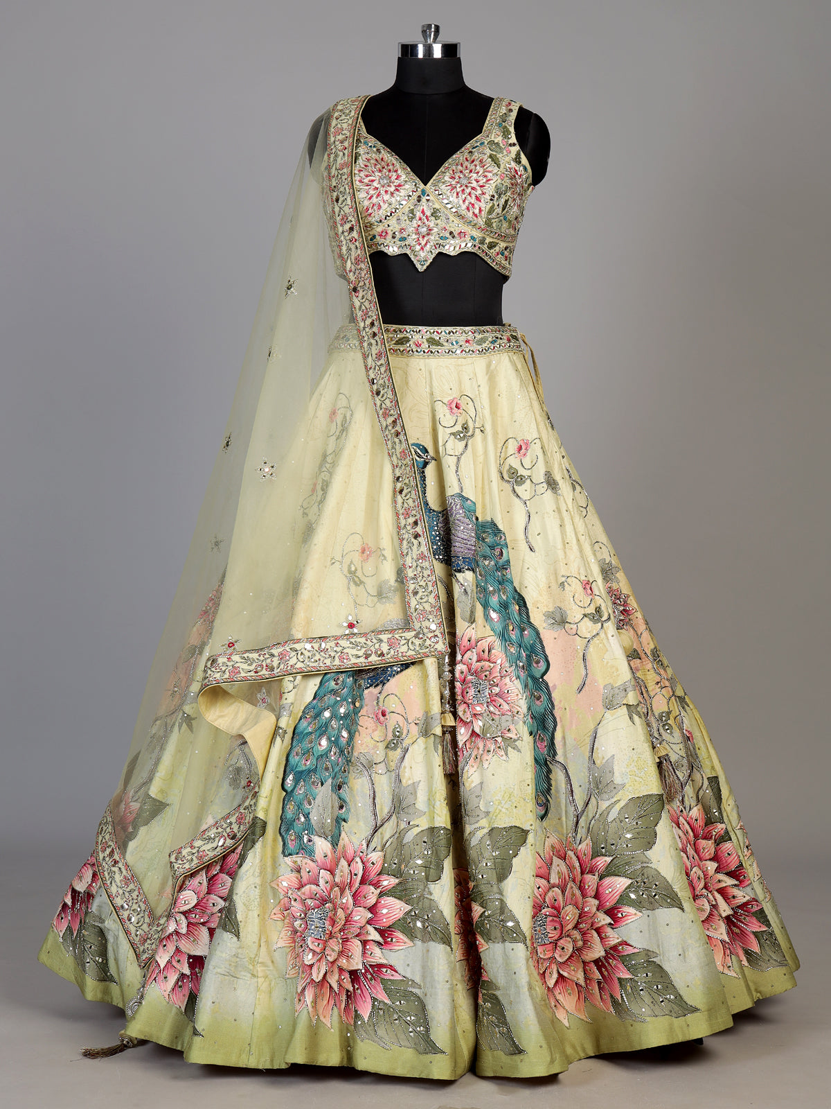 Yellow womens peacock embroidered lehenga choli