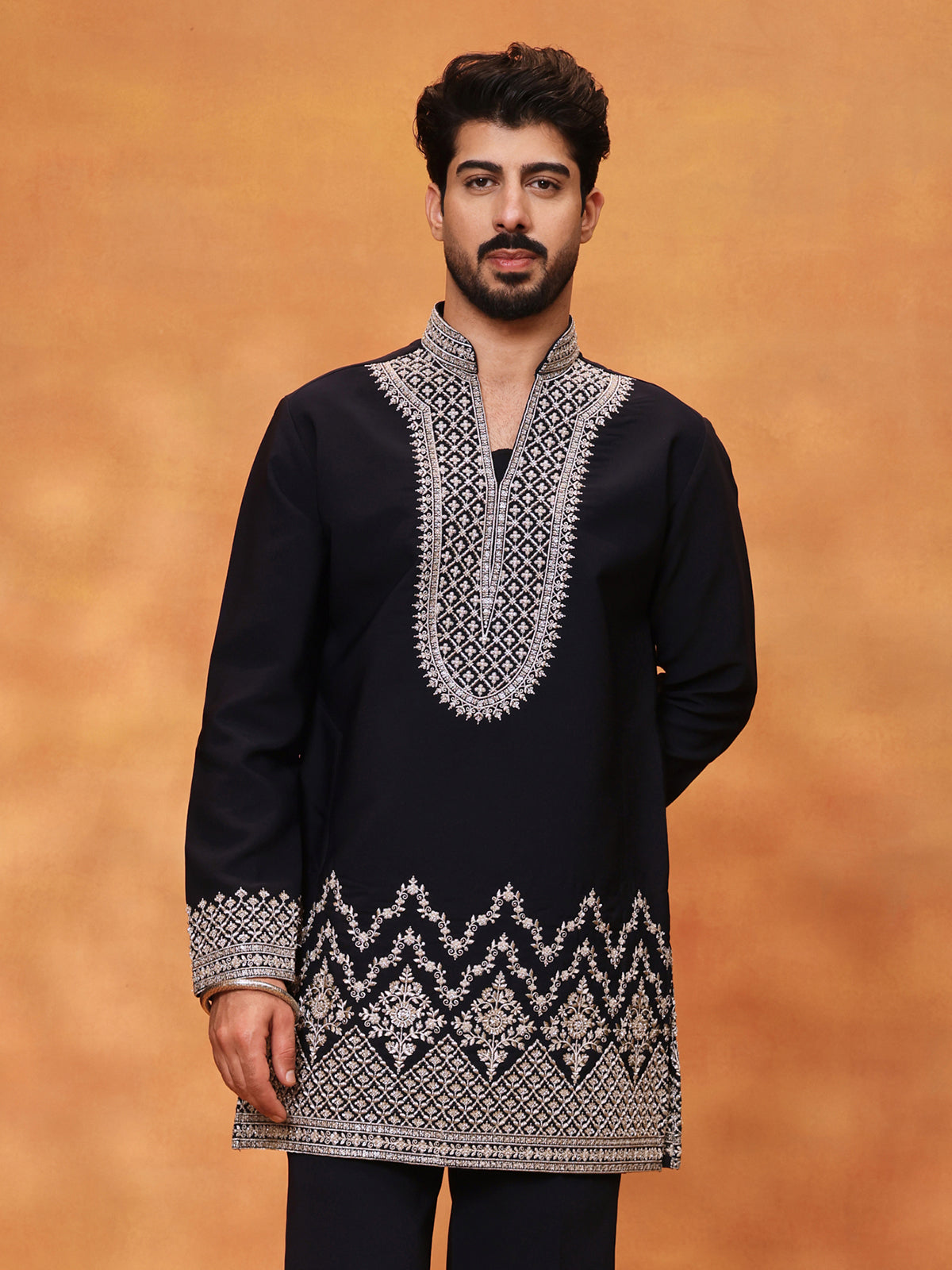 Navy blue viscose crepe silk mens embroidered kurta suit