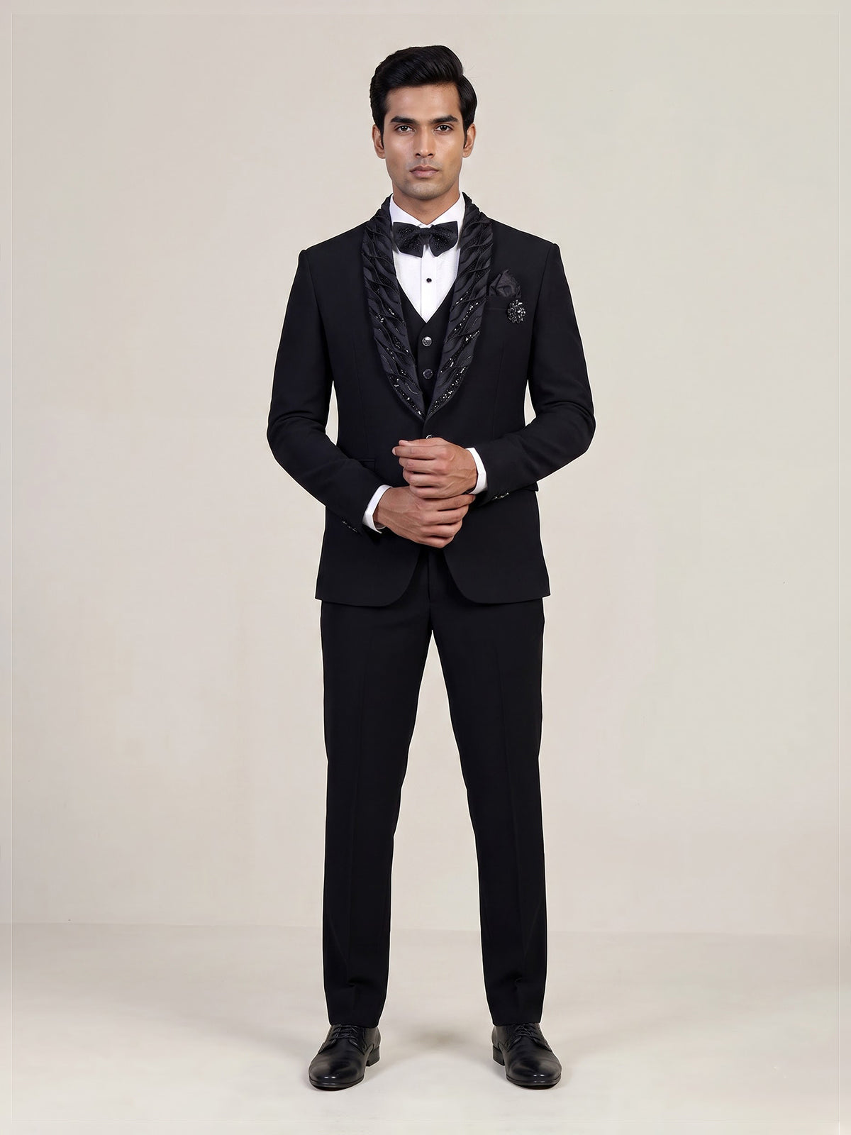 Navy blue mens embellished tuxedo coat suit