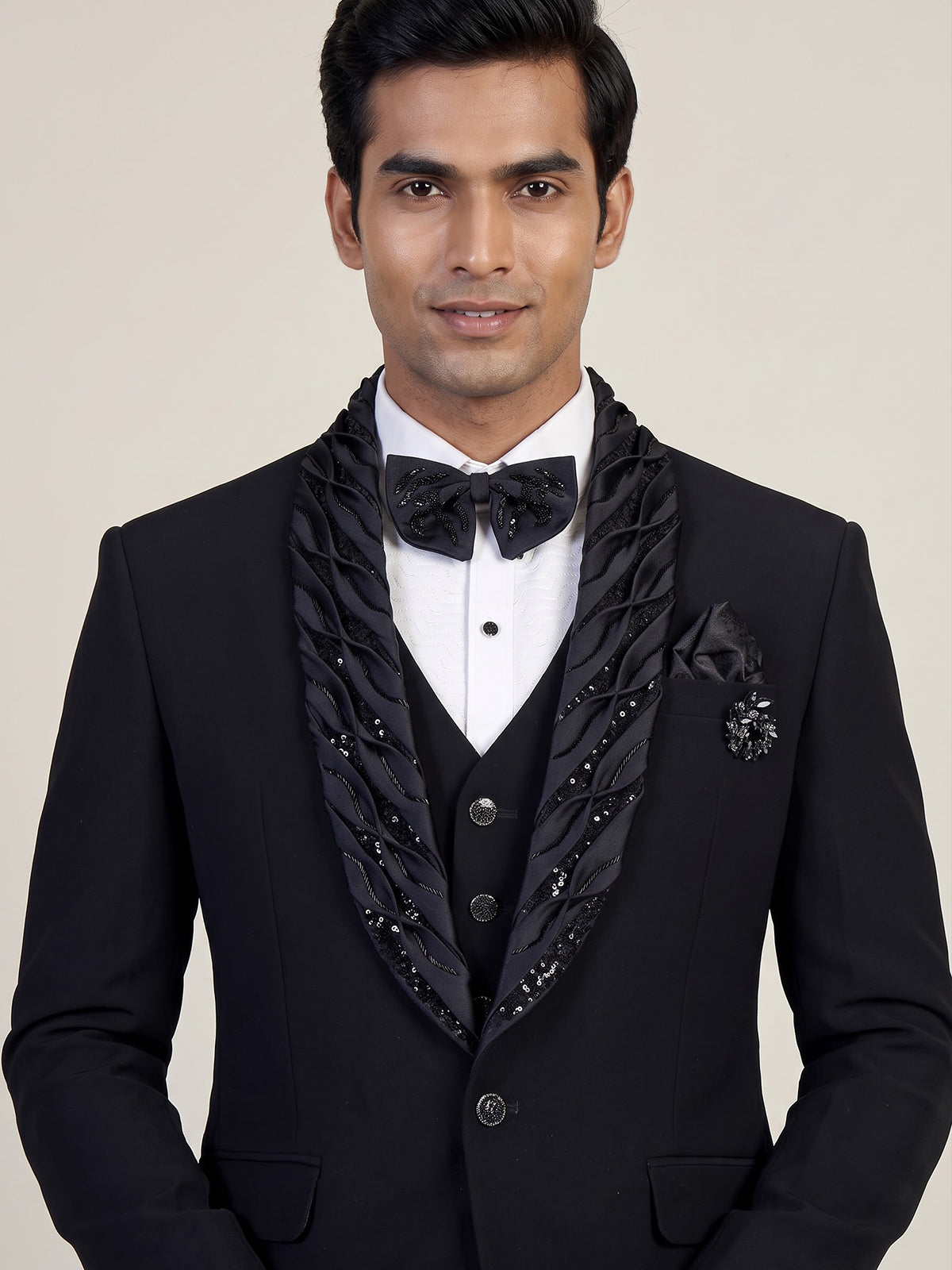 Navy blue mens embellished tuxedo coat suit