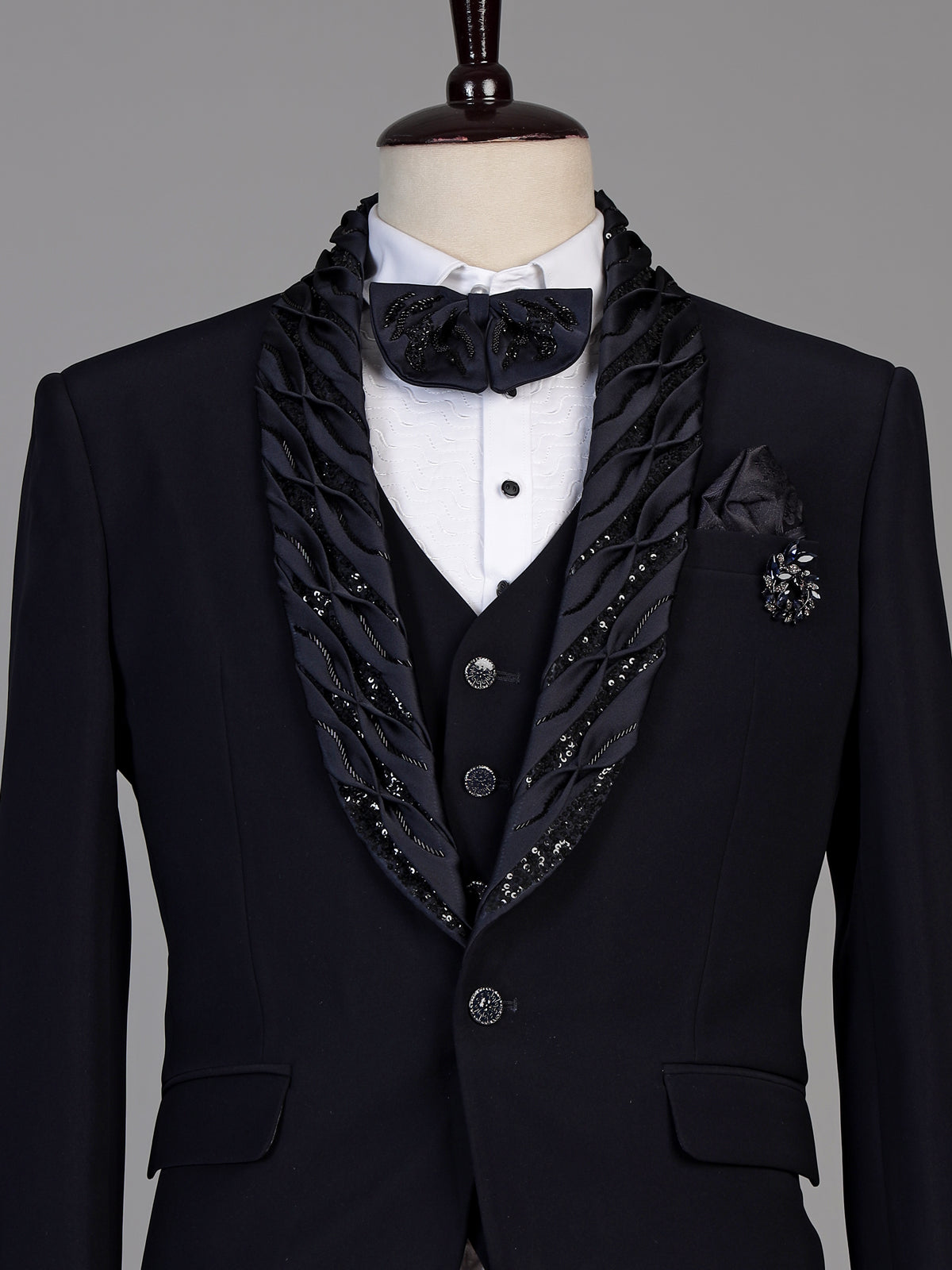 Navy blue mens embellished tuxedo coat suit