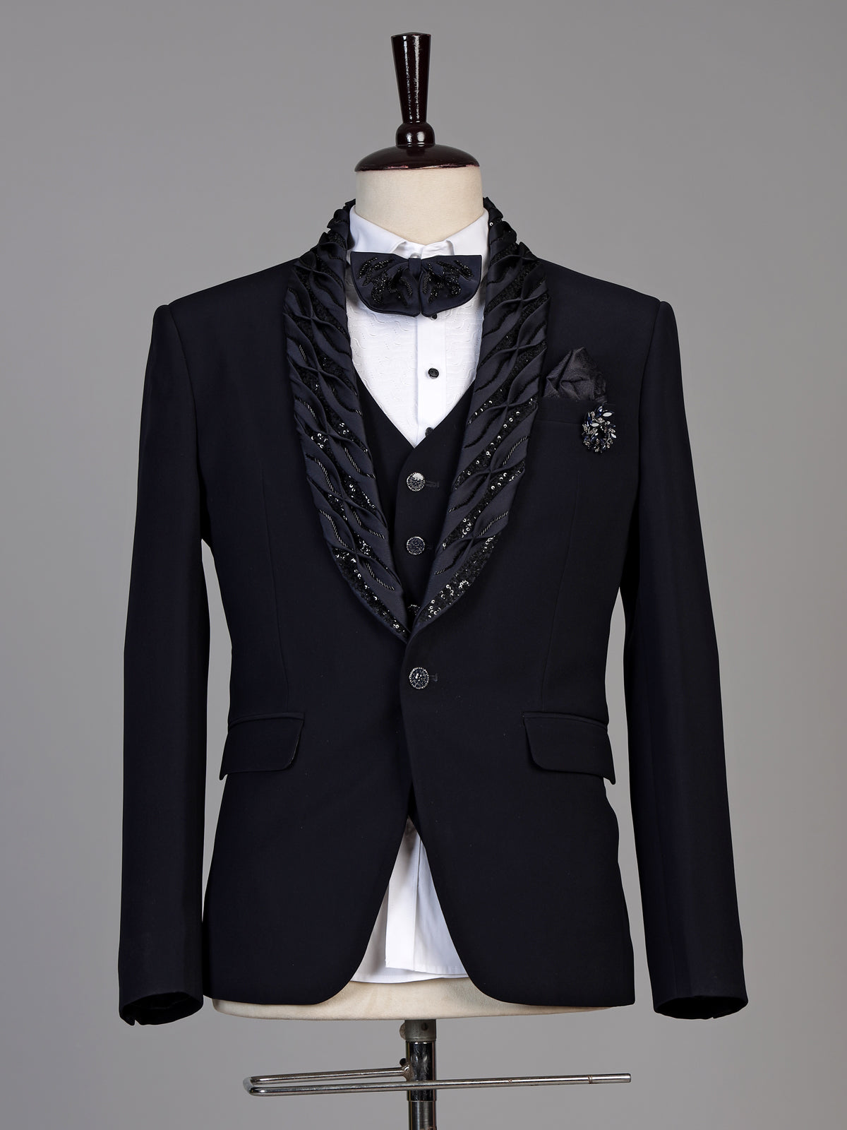 Navy blue mens embellished tuxedo coat suit