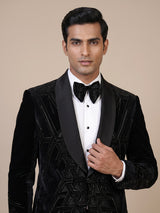 Black mens geometric cutdana velvet coat suit