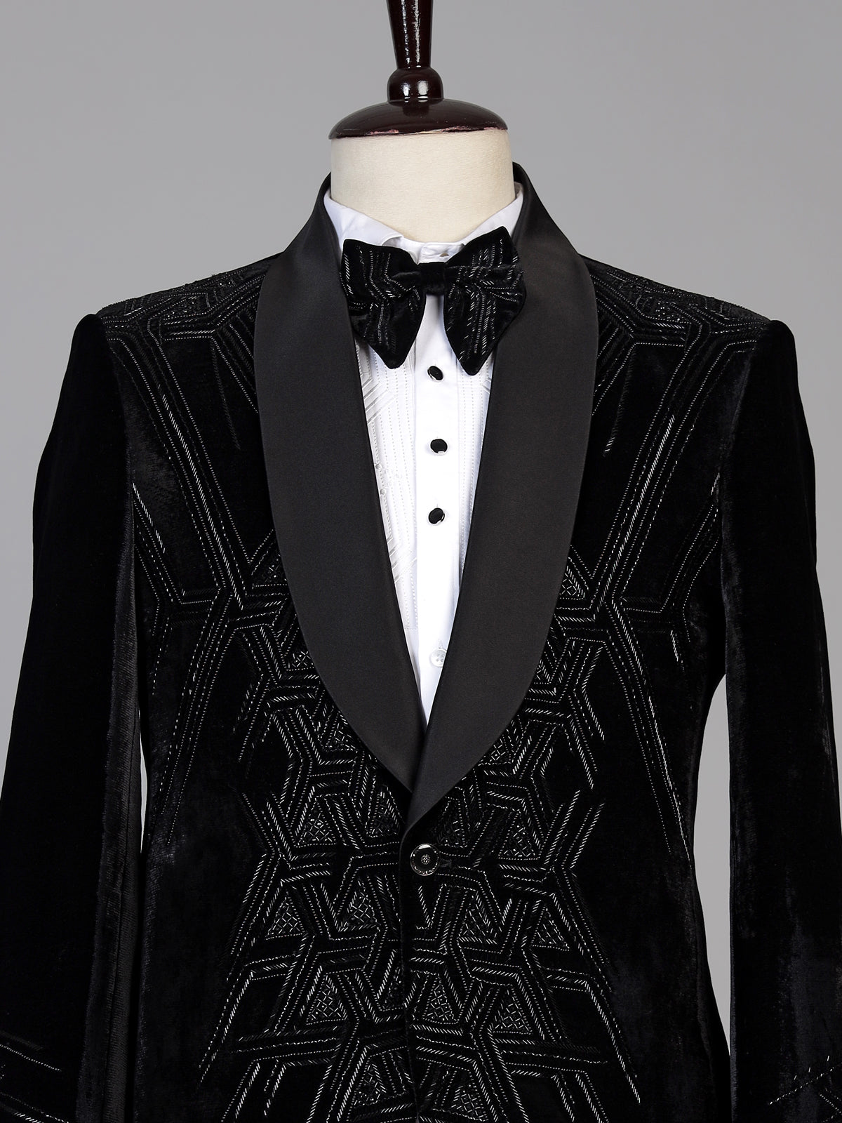 Black mens geometric cutdana velvet coat suit