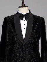 Black mens geometric cutdana velvet coat suit