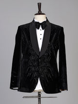 Black mens geometric cutdana velvet coat suit