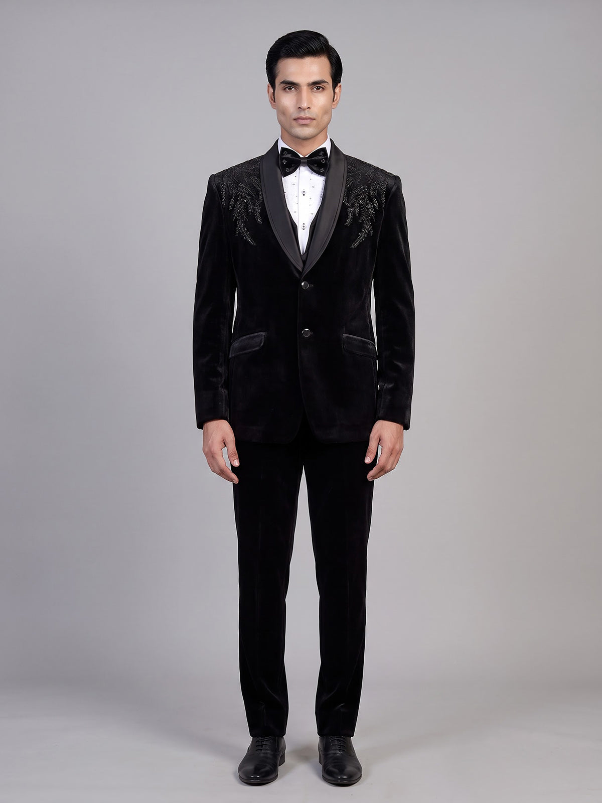 Black mens crystal embellished velvet coat suit