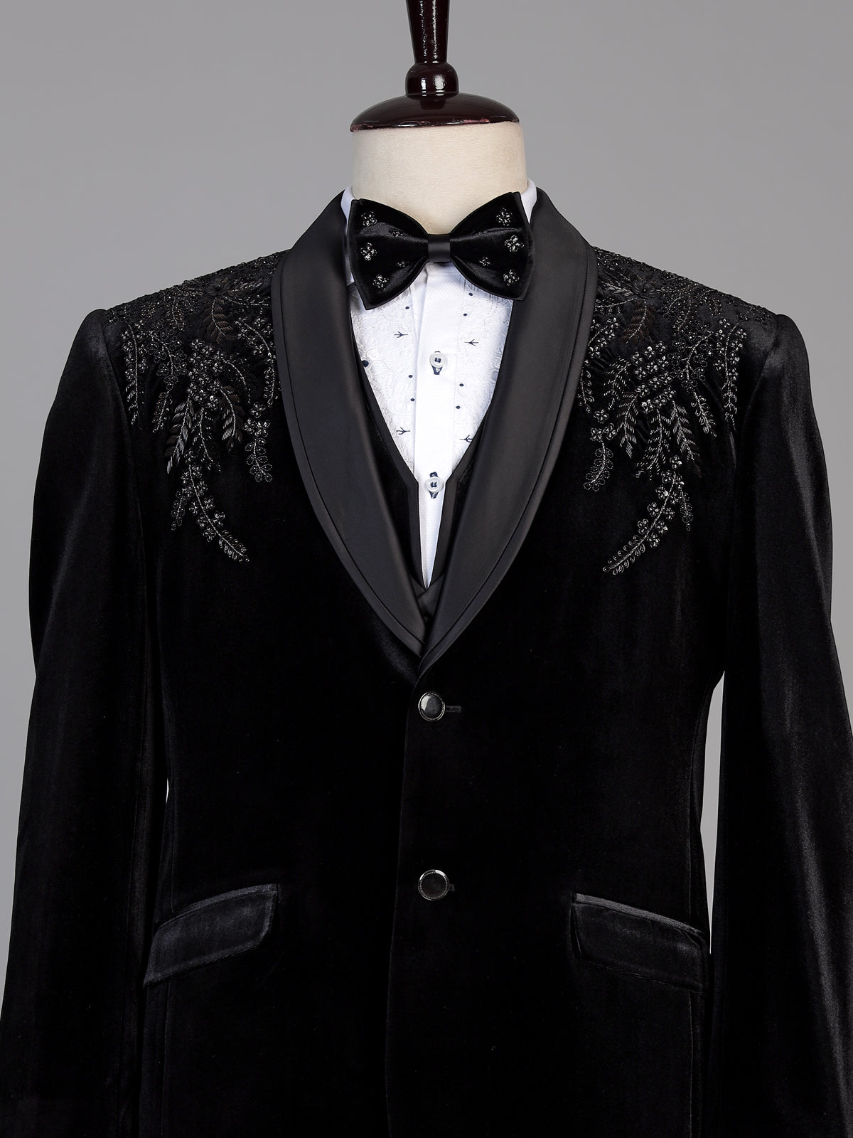 Black mens crystal embellished velvet coat suit