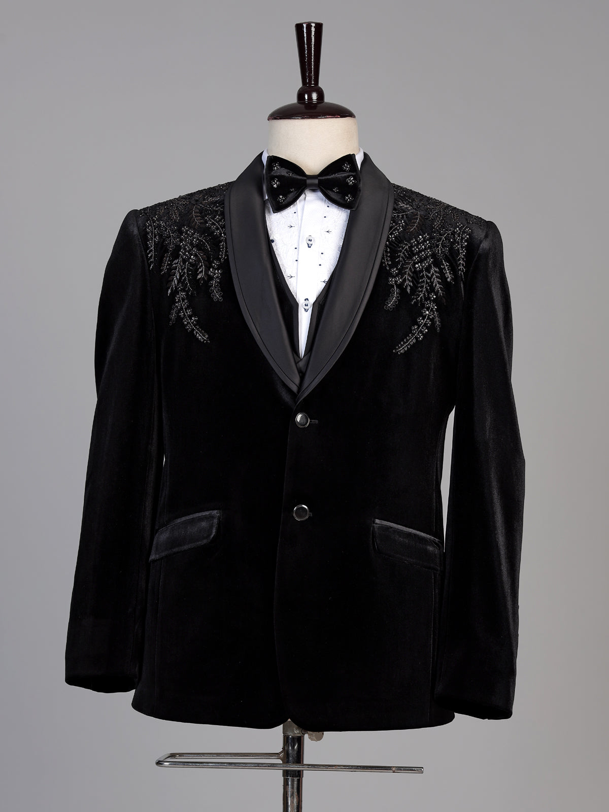 Black mens crystal embellished velvet coat suit