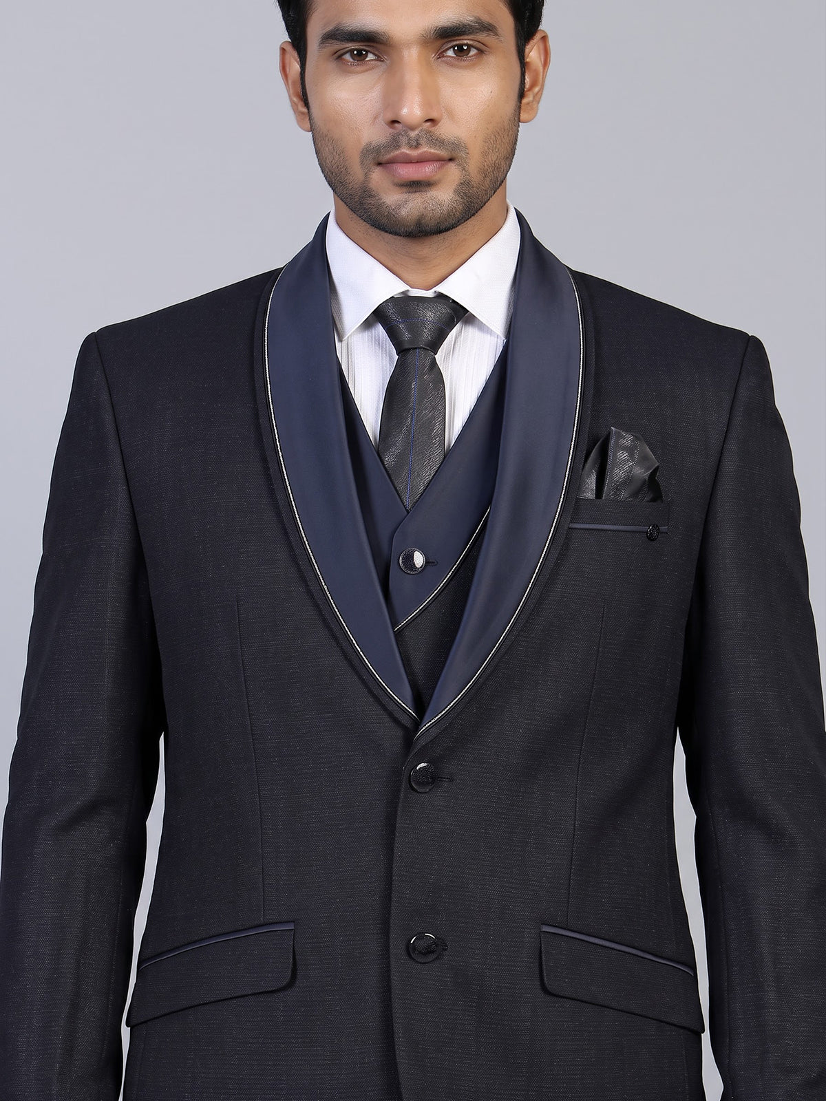 Navy black mens elegant jacquard coat suit