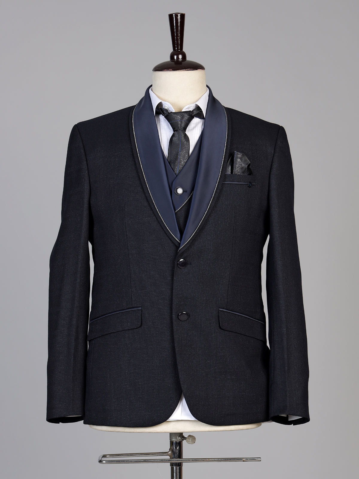 Navy black mens elegant jacquard coat suit