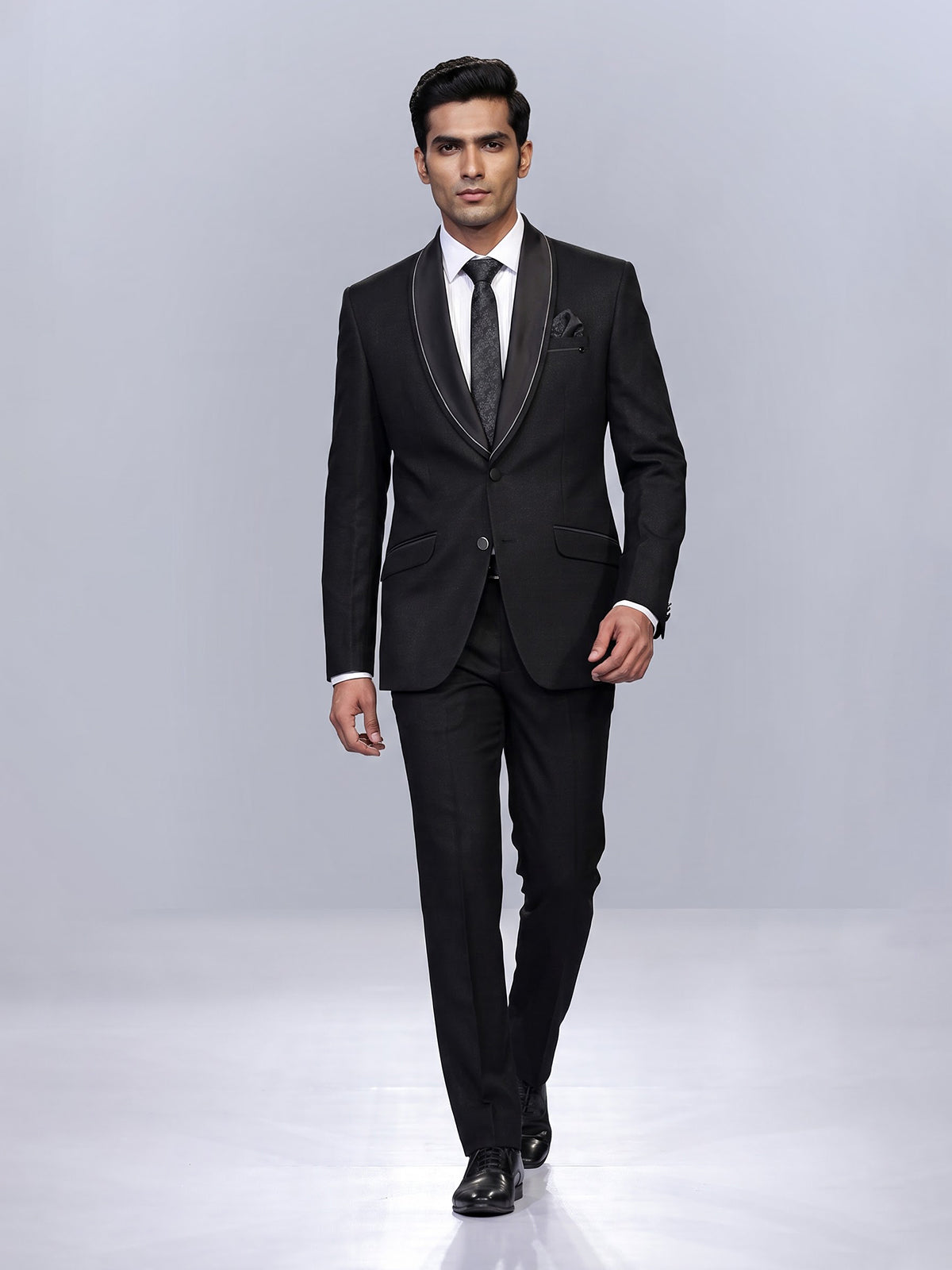 Black mens classic satin shawl coat suit