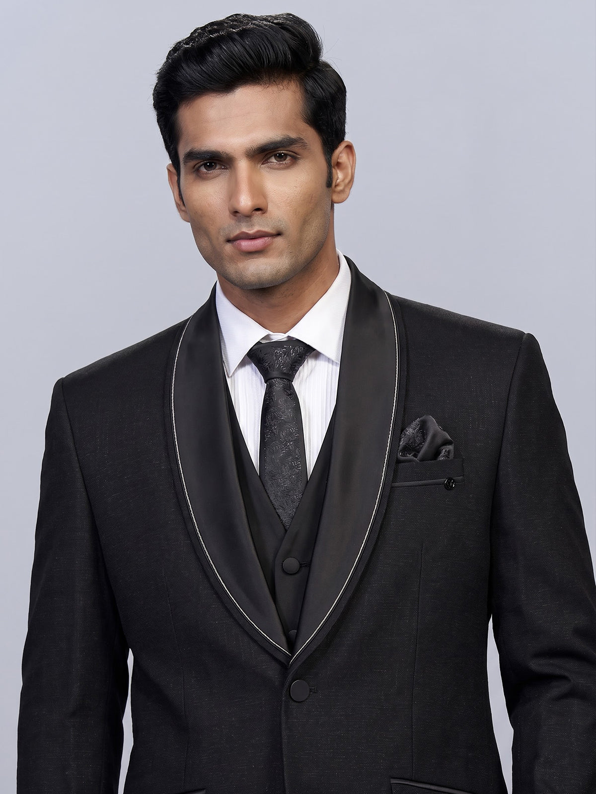 Black mens classic satin shawl coat suit