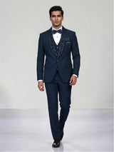 Teal blue mens embellished tuxedo coat suit
