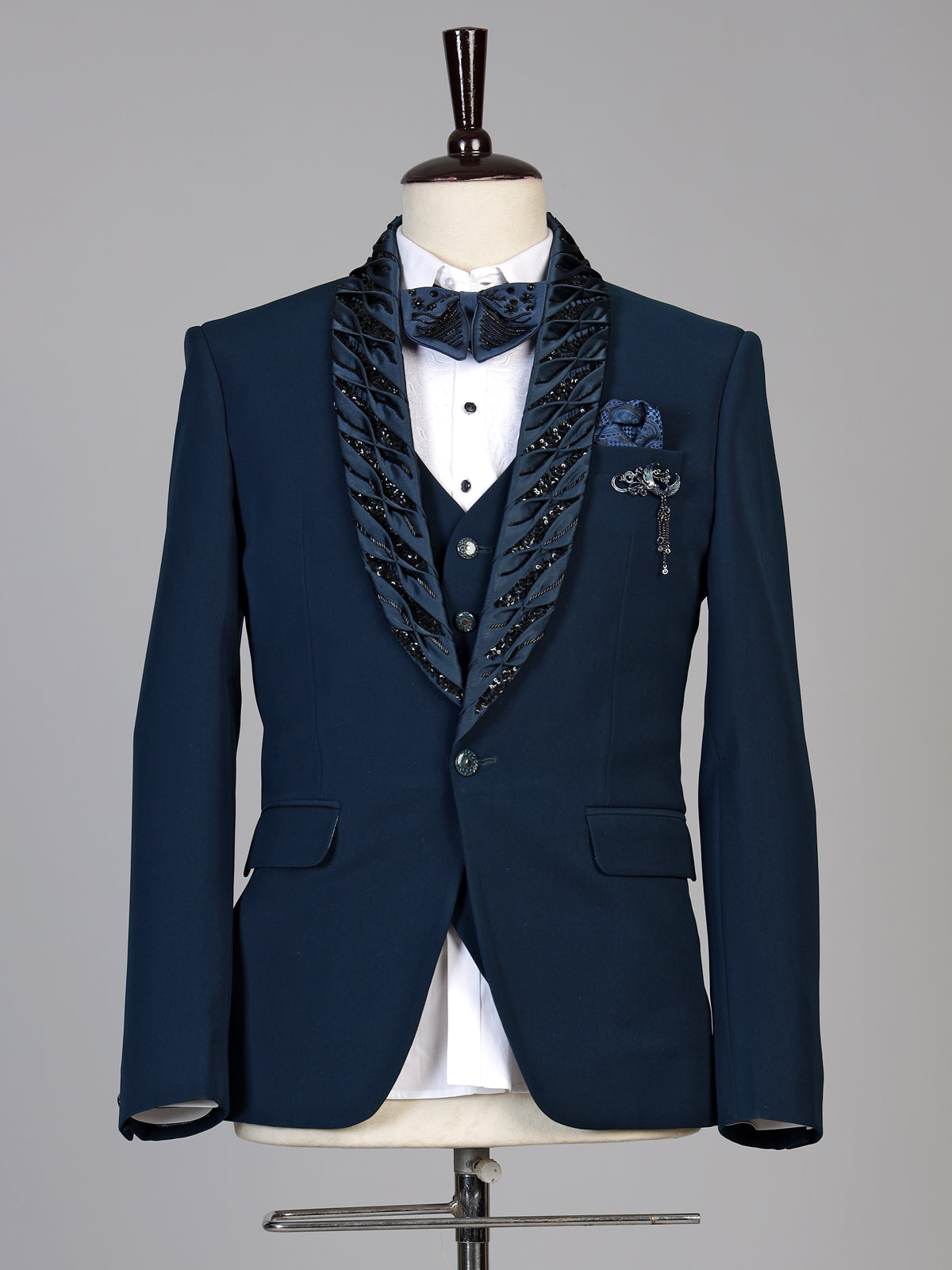 Teal blue mens embellished tuxedo coat suit