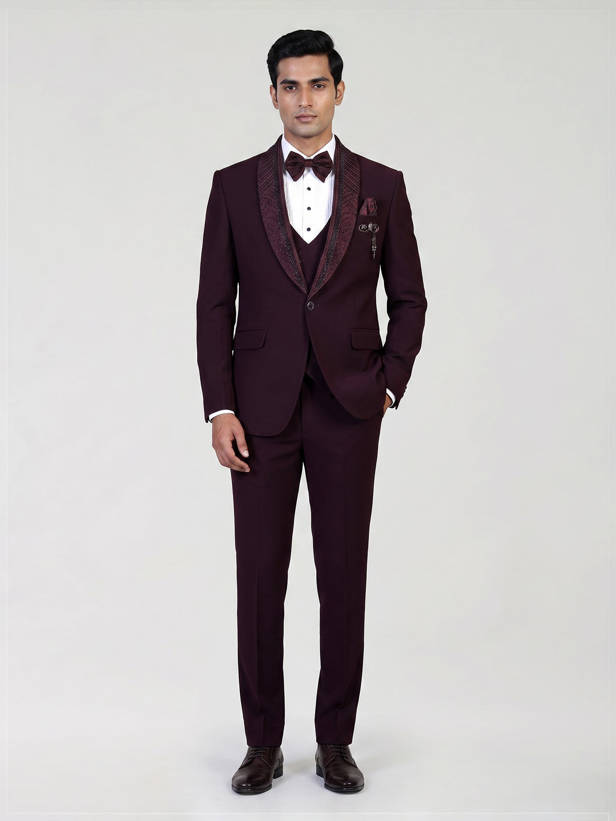 Deep maroon mens cutdana tuxedo coat suit