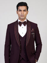 Deep maroon mens cutdana tuxedo coat suit