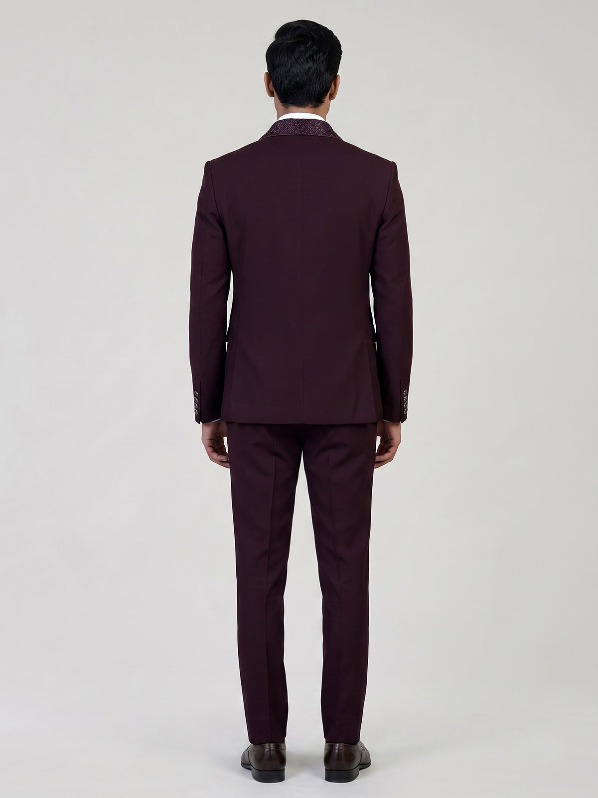 Deep maroon mens cutdana tuxedo coat suit