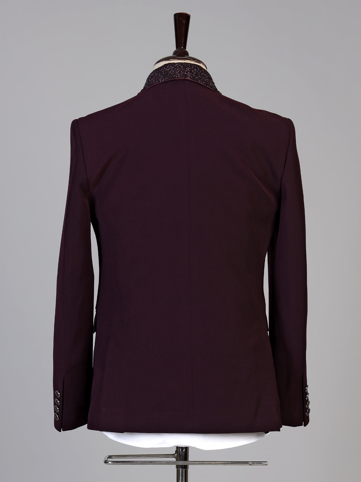 Deep maroon mens cutdana tuxedo coat suit
